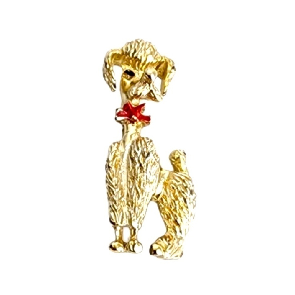 Vintage 60s Poodle Brooch Red Bow Gold Tone‎ Dog Pin Figural Animal